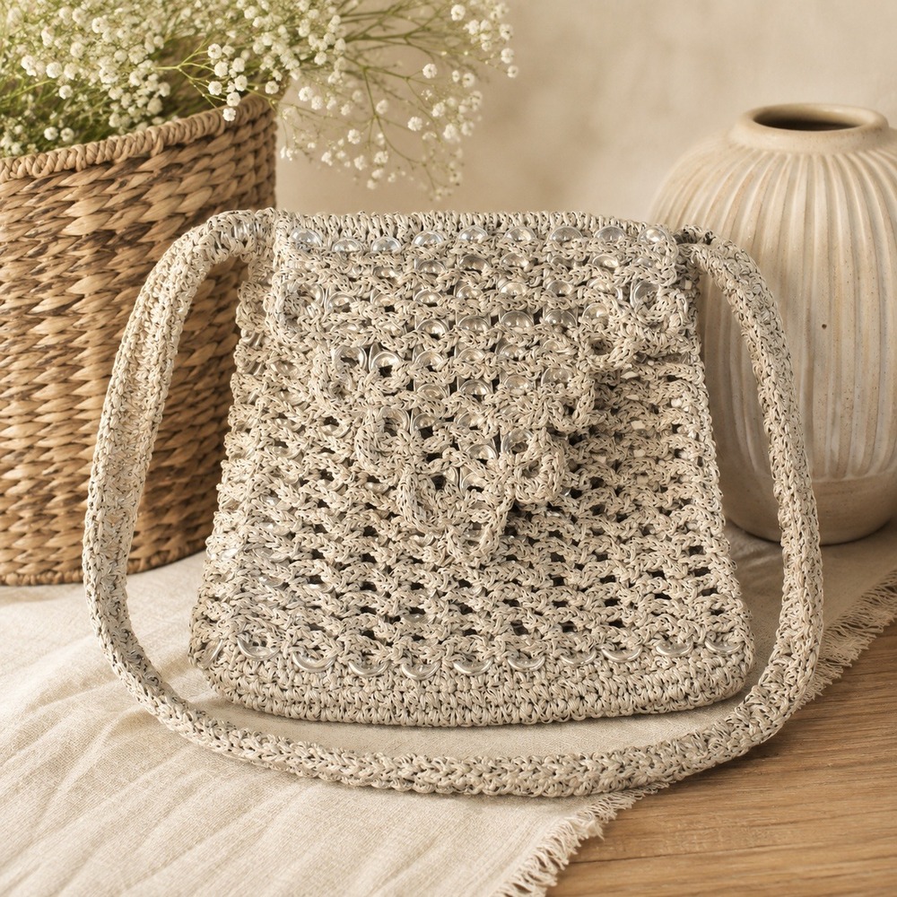UNIQUE Crochet & Aluminum Soda Pop Can Tab Purse Recycled Shoulder Bag Boho